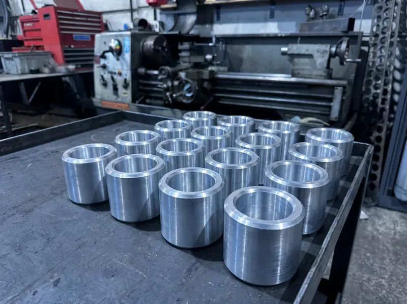 A batch of identical turned aluminium bushes on a workshop tray