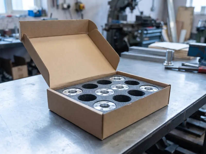 Finished machined flanges packed in a foam-lined box