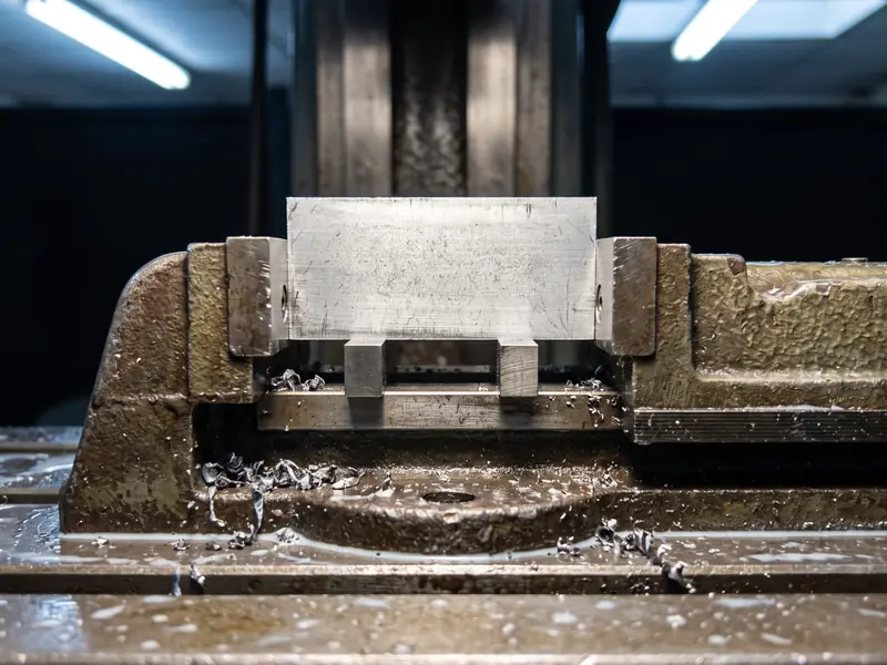 A machined aluminium block clamped in a milling vice
