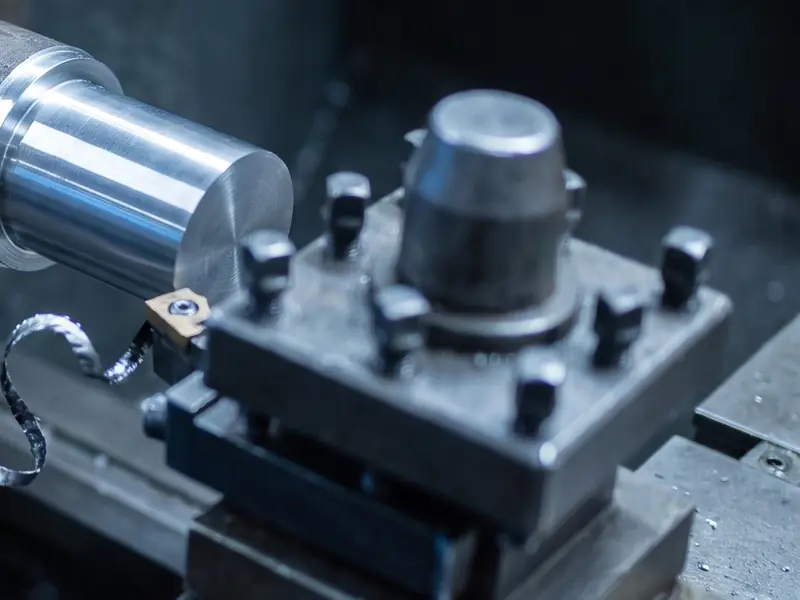 A steel shaft being turned on a lathe, with a curl of swarf coming off the tool